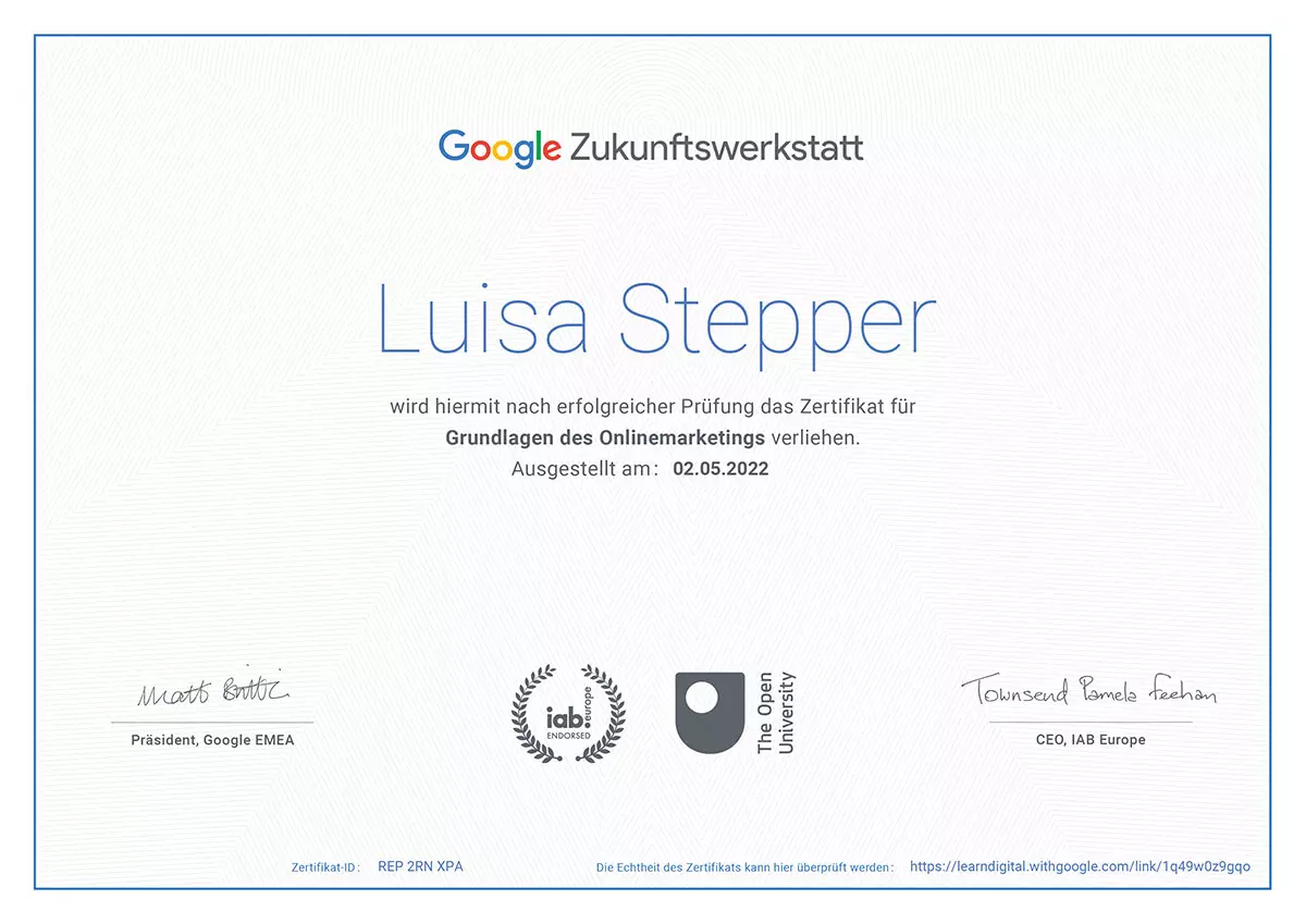 Zertifikat Google Zukunftswerkstatt Luisa Stepper